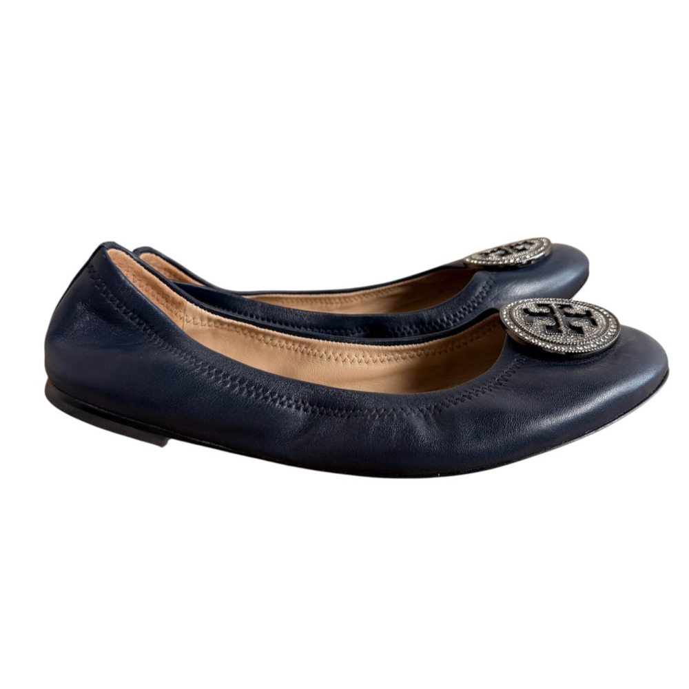 Tory Burch Liana Navy Napa Leather Ballet Flats Rhinestone Medallion Logo Sz 9 - Picture 4 of 12